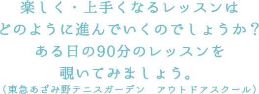 楽しく・上手くなるレッスンはどのように進んでいくのでしょうか？入門クラス60分のレッスンを覗いてみましょう。（東急あざみ野テニスガーデン　インドアスクール）